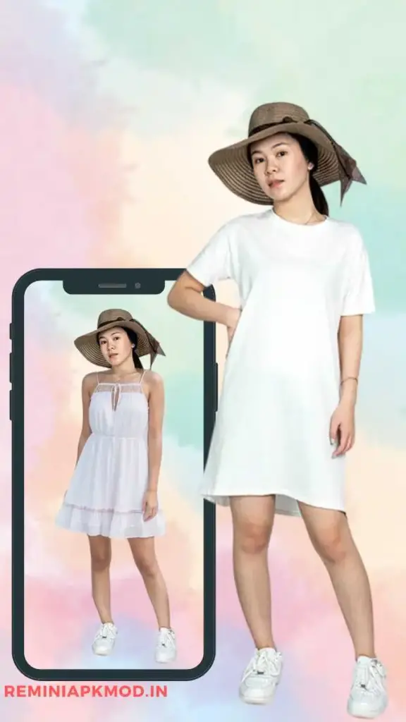 The Illustration depicts a girl using Remini's AI outfit feature to try on virtual clothing. To capture a stunning photograph, the girl is experimenting with different outfits.