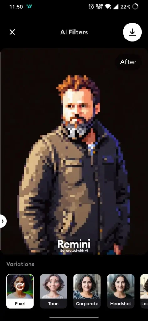 Ai pixel avatar filter applied on the character that lowers the pixels to generate pixelated effect on the photo.