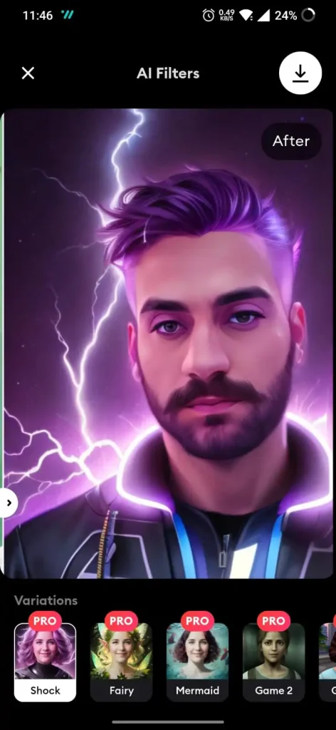 The ai avatar shock filter applied to image which change the background to dark one. It is lightening and thunderstorm in the background. The face of character is changed due to ai filter.