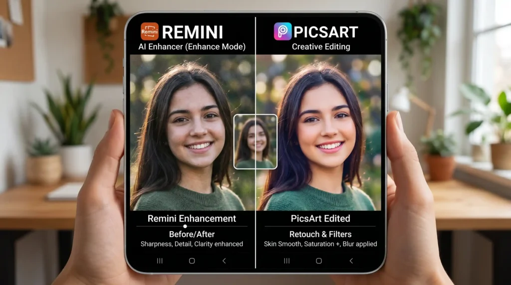 Comparison image of Remini Vs PicsArt